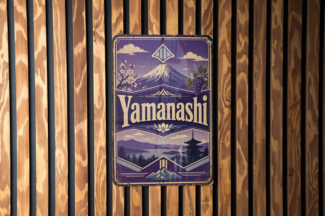 A vintage-style sign for Yamanashi, featuring a mountain landscape and a temple, is displayed on a wooden wall.