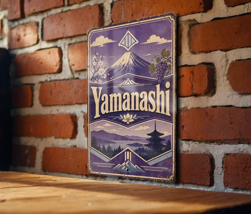 A vintage-style sign with the word "Yamashishi" displayed prominently, featuring a mountain landscape and a pagoda in the background.