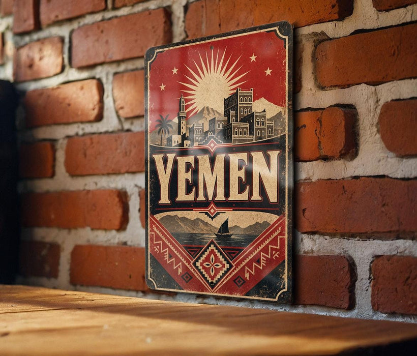 a vintage-style sign with the word "YEMEN" prominently displayed, hanging on a brick wall.