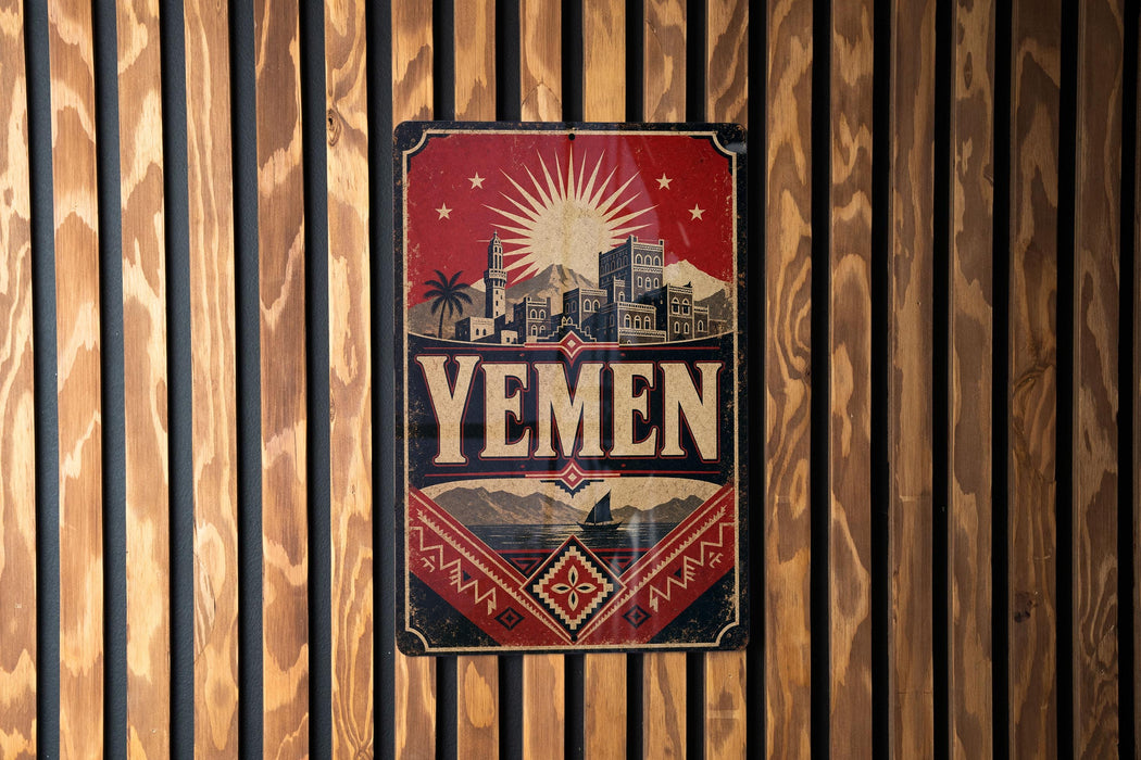 A vintage-style poster with the word "YEMEN" prominently displayed, featuring a cityscape and a sunburst design.