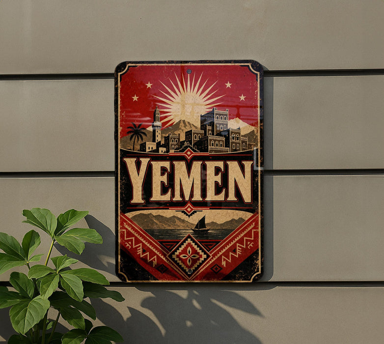 a vintage-style sign with the word "Yemen" prominently displayed, along with a cityscape and a sunburst design.