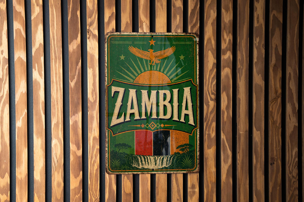 a vintage-style sign with the word "Zambia" prominently displayed, mounted on a wooden wall.
