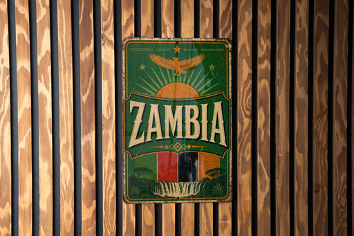 a vintage-style sign with the word "Zambia" prominently displayed, mounted on a wooden wall.