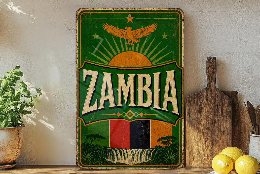 a vintage-style sign for Zambia, with a green background and a yellow eagle. The sign is placed on a shelf next to a wooden cutting board and some lemons.