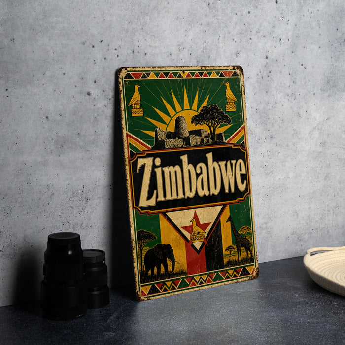A vintage Zimbabwe beer sign is displayed on a table, featuring a colorful illustration of landmarks and wildlife.