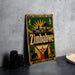 A vintage Zimbabwe beer sign is displayed on a table, featuring a colorful illustration of landmarks and wildlife.