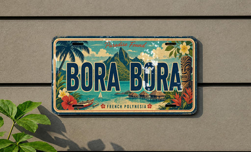 A vintage license plate with the text "Bora Bora" and a tropical island landscape, including palm trees, flowers, and a body of water.