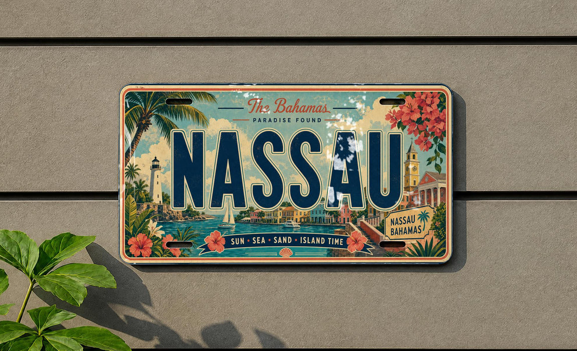 A vintage license plate from Nassau, Bahamas, with a tropical island scene and palm trees.