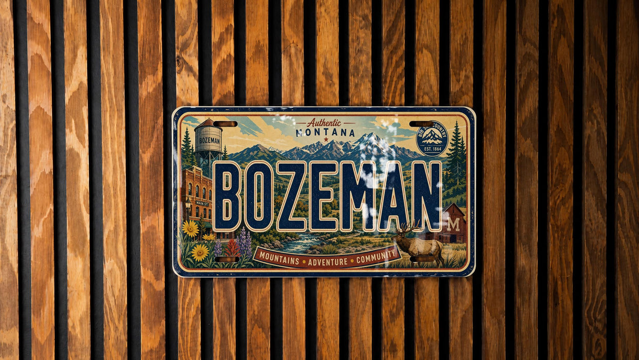 A vintage Montana license plate with the word "BOZEMAN" prominently displayed, featuring a scenic mountain landscape and various Montana-themed elements.