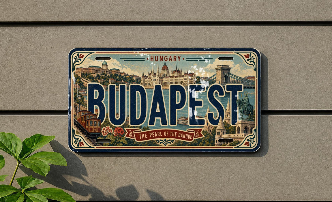 A vintage-style license plate with the word "BUDAPEST" prominently displayed, featuring an illustration of the city of Budapest.