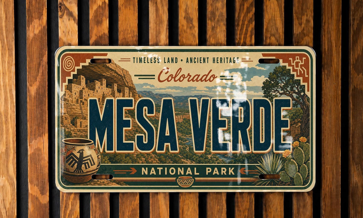 A vintage-style license plate for the Mesa Verde National Park in Colorado, featuring an illustration of the iconic mesa and surrounding landscape.