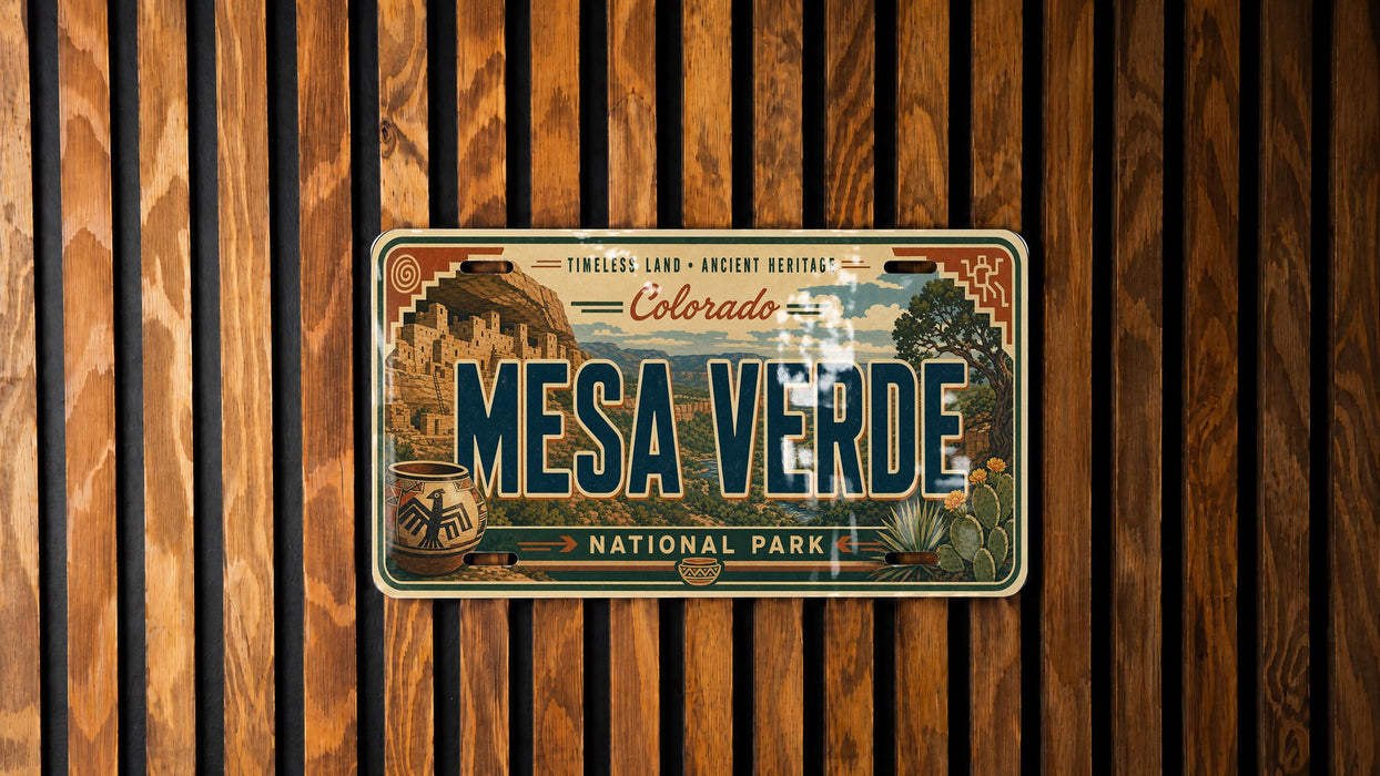 A vintage-style license plate with the text "MESA VERDE" and "NATIONAL PARK" printed on it, mounted on a wooden wall.