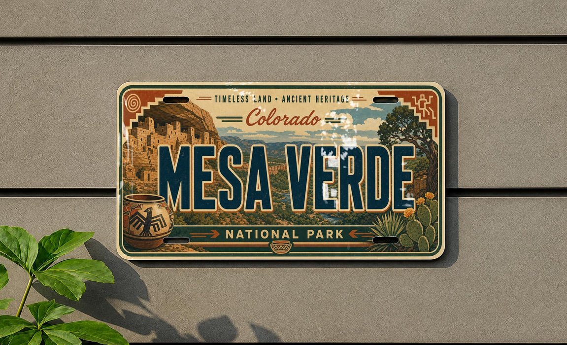 A vintage-style license plate for Mesa Verde National Park, featuring a desert landscape with a cactus and a pot.