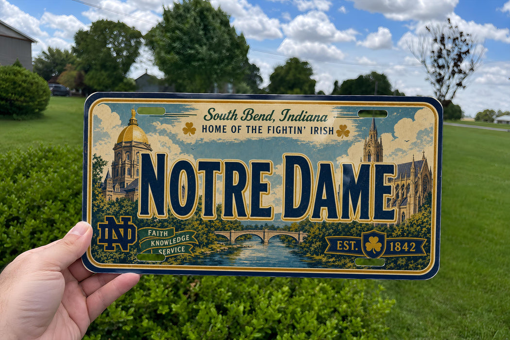 A person is holding a license plate that says "Notre Dame" with a background of a church and a bridge.