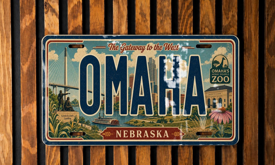 A vintage license plate from Nebraska featuring an illustration of the state's landmarks and scenery.