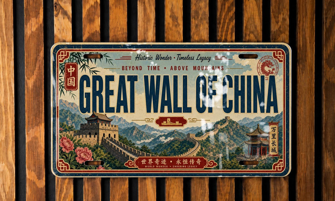 A vintage-style license plate with the text "Great Wall of China" and an illustration of the iconic wall of China.