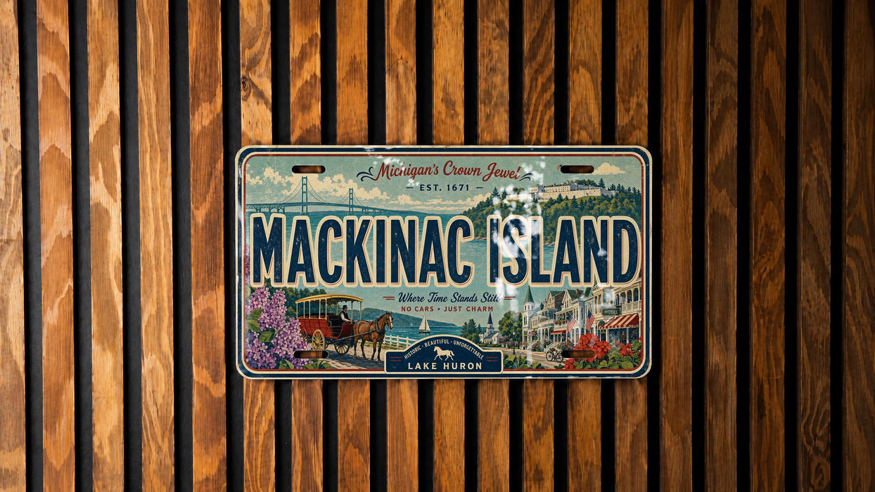 A vintage license plate from Michigan's Crown Jewel, featuring the name "Mackinac Island" and the location "Lake Huron".