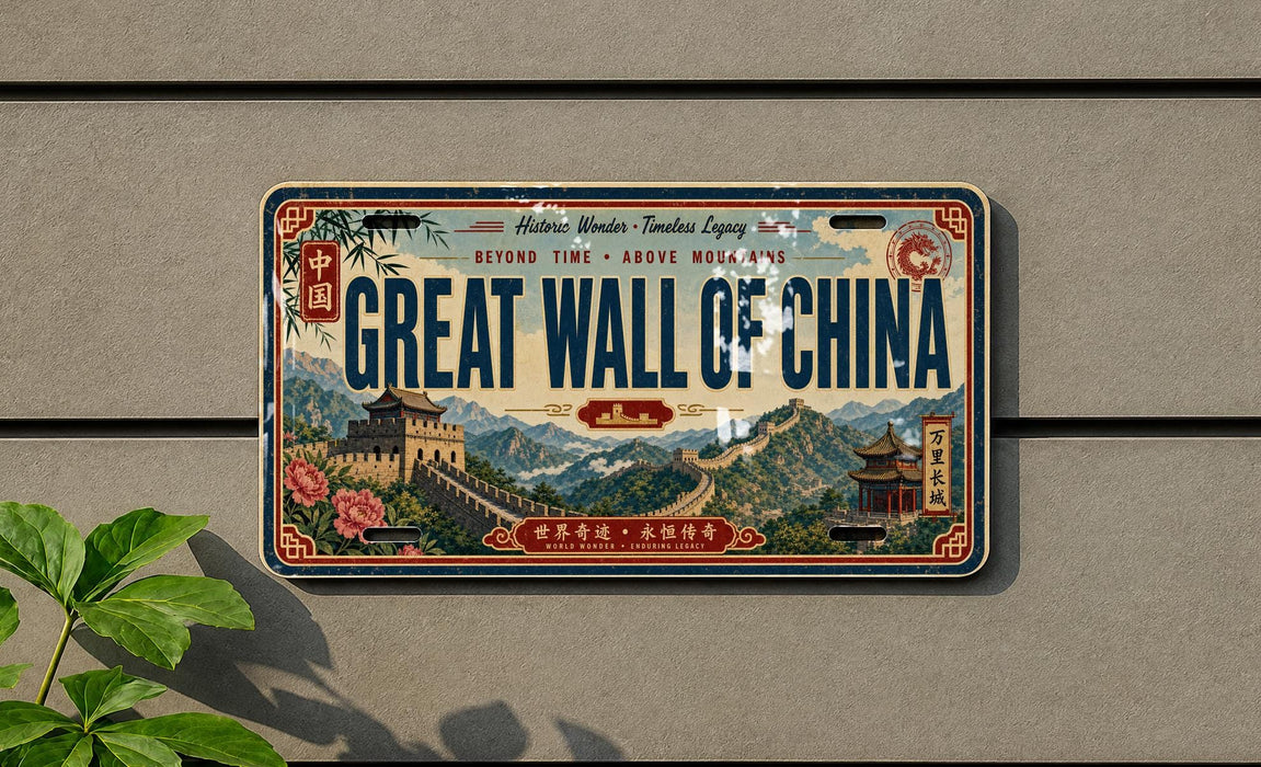 A vintage-style license plate with the text "GREAT WALL OF CHINA" and an illustration of the Great Wall of China.