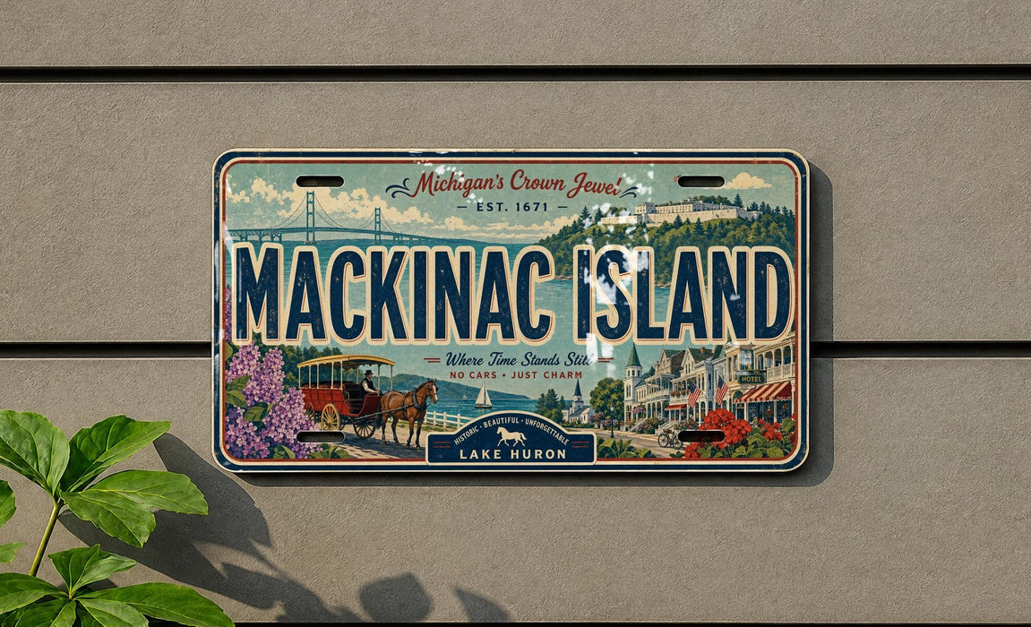 A vintage Michigan license plate with the text "Mackinac Island" and an illustration of a horse-drawn carriage, set against a backdrop of a bridge and buildings.