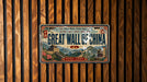 A vintage-style license plate with the text "Great Wall of China" displayed prominently.