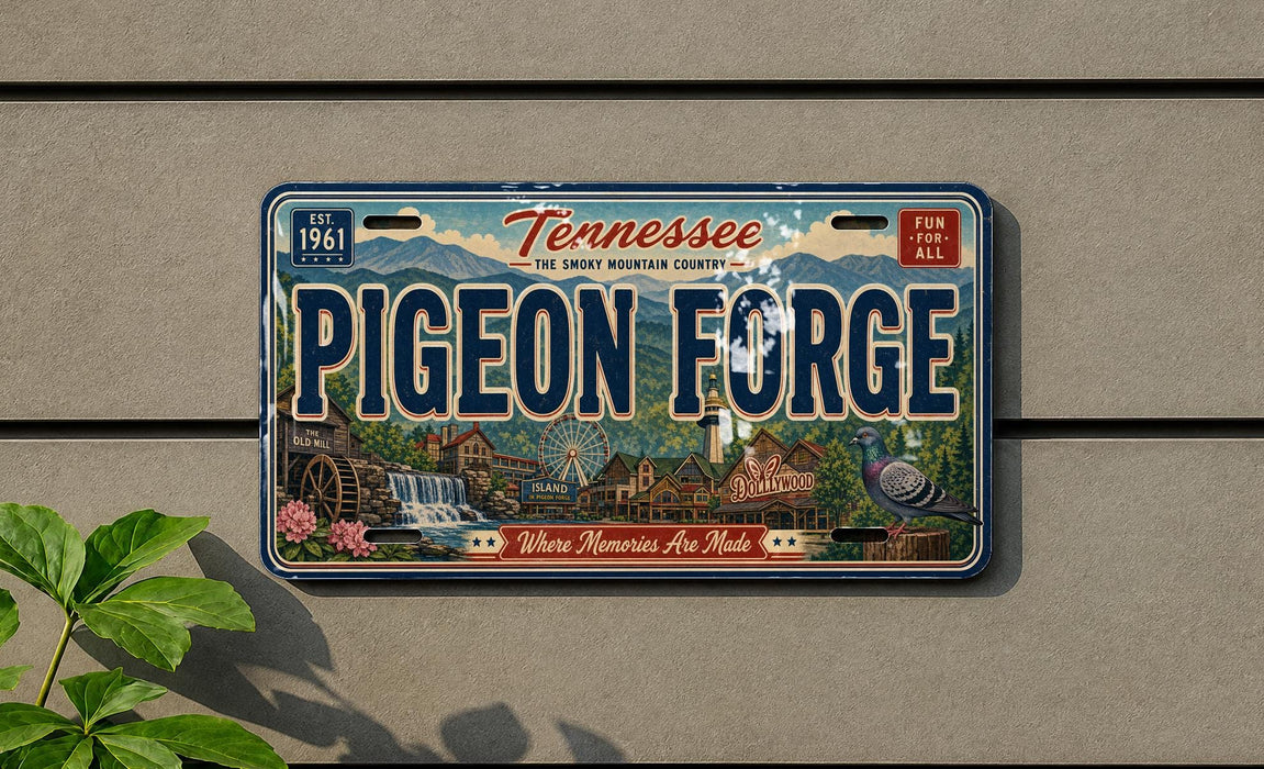 A vintage-style license plate from Tennessee, featuring the name "Pigeon Forge" and the location "The Smoky Mountain Country".
