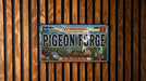 A vintage Tennessee license plate with the text "Pigeon Forge" and a scenic illustration of the area, mounted on a wooden wall.