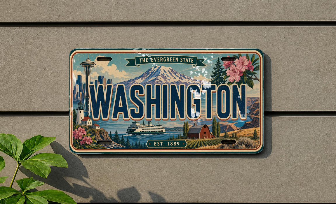 A vintage Washington state license plate with a scenic mountain backdrop and various landmarks, including a lighthouse and a ship, is displayed on a wall.