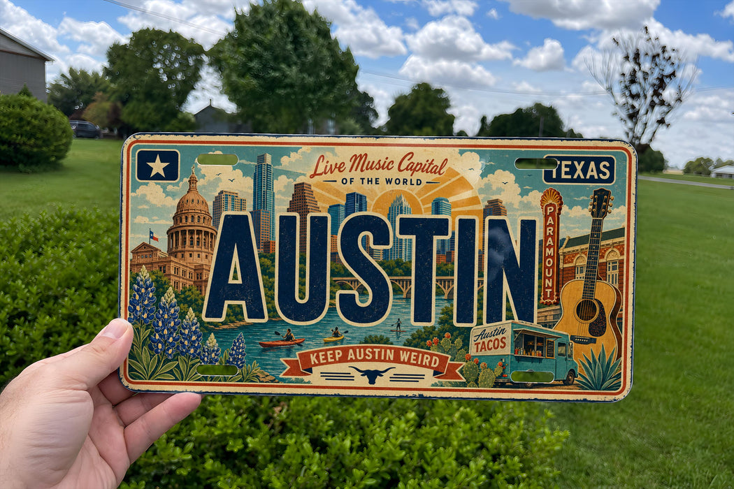 A person is holding a license plate with the word "AUSTIN" prominently displayed, surrounded by various cityscape elements and landmarks.