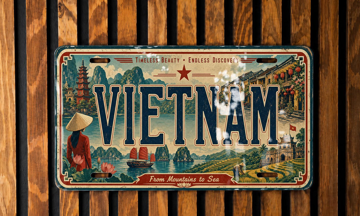 a vintage license plate from Vietnam with a scenic illustration of the country's landscape, including mountains, rivers, and traditional Vietnamese architecture.