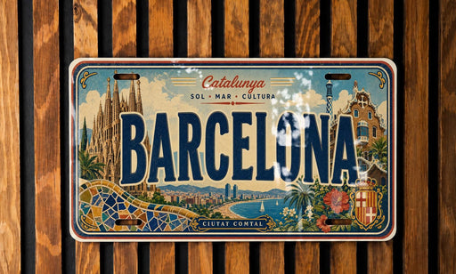 A vintage Barcelona license plate with a colorful illustration of the city's landmarks and scenery.