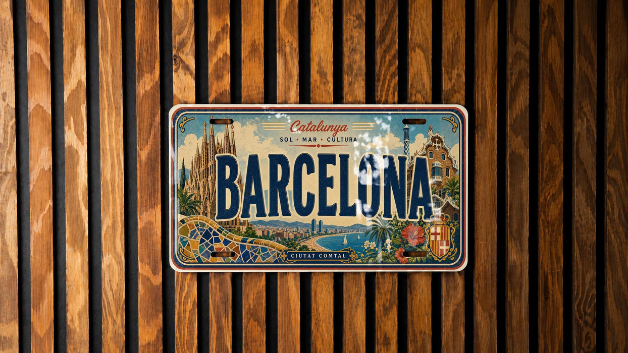A license plate from Barcelona, Spain, with a colorful and detailed design.