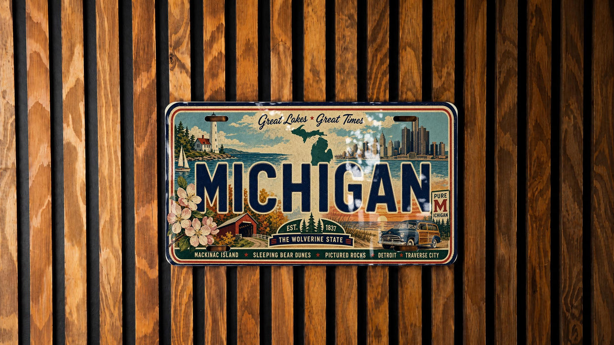 A vintage Michigan license plate is displayed on a wooden wall.