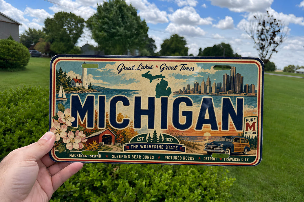 A person is holding a license plate with the word "MICHIGAN" prominently displayed, featuring a vintage-style illustration of the state of Michigan.