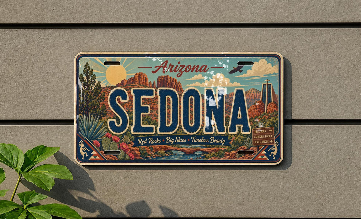 A vintage Arizona license plate with a scenic desert landscape design, mounted on a wall.