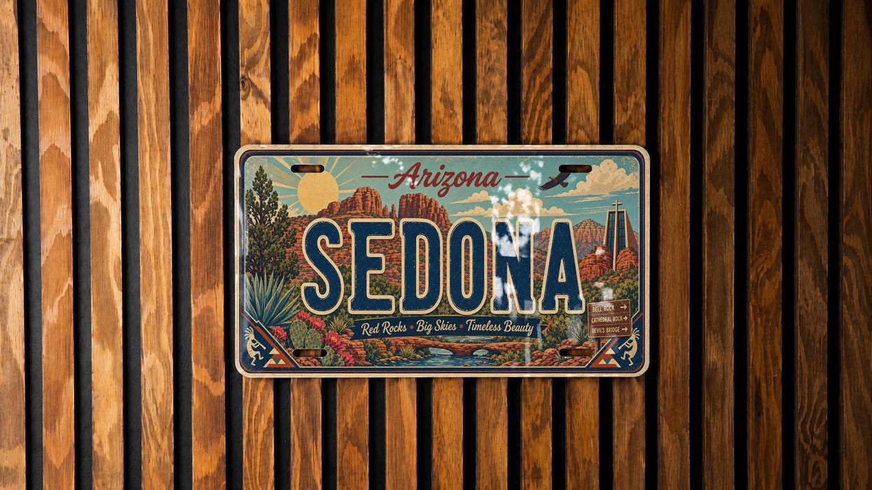 A vintage Arizona license plate with a scenic illustration of Sedona, a famous desert city in Arizona.