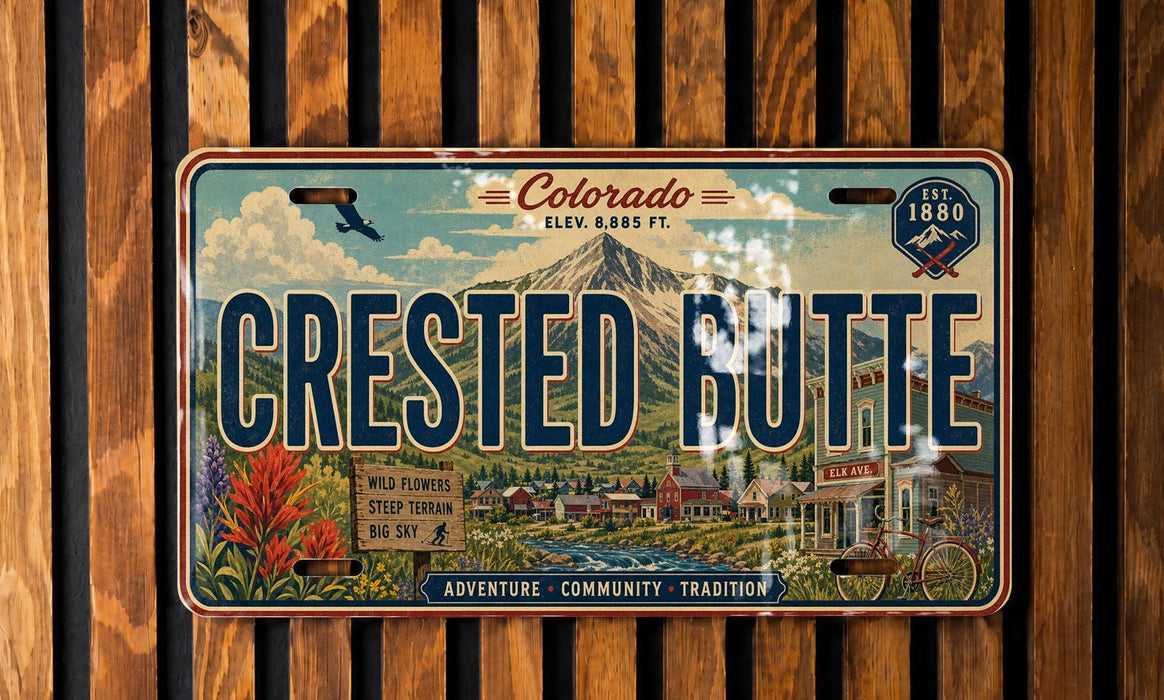 A vintage license plate from Colorado, featuring the name "Crested Butte" and a scenic mountain landscape.