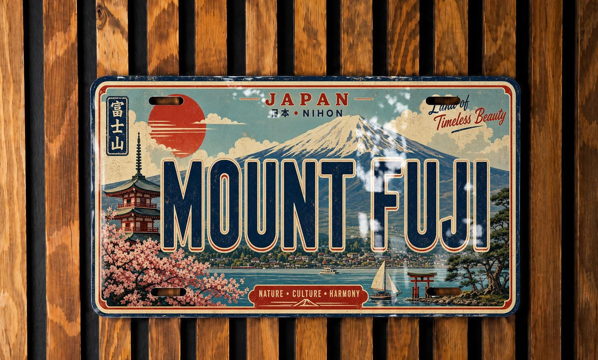 A vintage license plate with the text "MOUNT FUJI" and an illustration of Mount Fuji, a famous Japanese mountain.