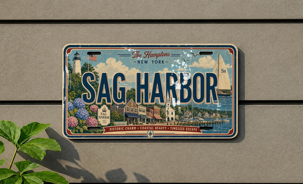 A vintage license plate from New York, with the text "Sag Harbor" prominently displayed. The plate also features a lighthouse, a sailboat, and other nautical elements, suggesting it is a souvenir or decorative item.