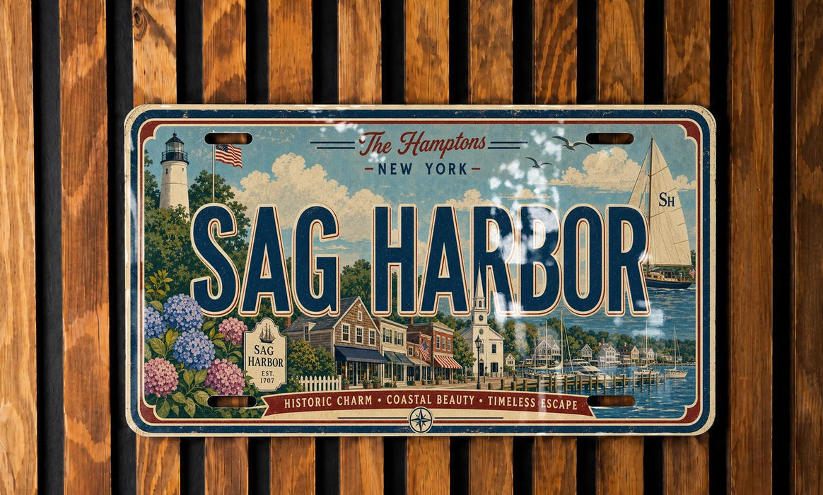 A vintage license plate from New York, with the text "The Hamptons - New York - Sag Harbor" and a scenic illustration of the town and harbor.
