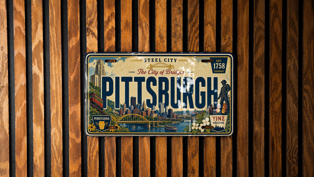 A vintage Pittsburgh license plate is displayed on a wooden wall.