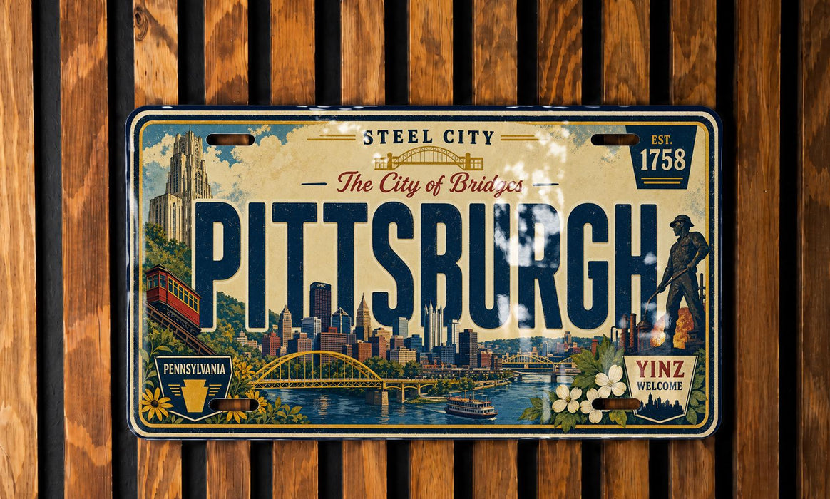 A vintage license plate from Pittsburgh, Pennsylvania, with a cityscape and landmarks depicted on it.