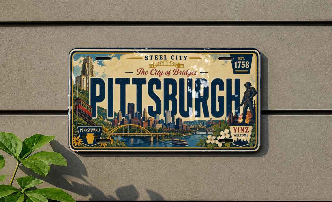 A vintage license plate from Pittsburgh, Pennsylvania, with a cityscape and landmarks depicted on it.