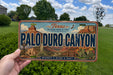 A person is holding a Texas license plate that says "Palo Duro Canyon" against a background of a grassy field and trees.