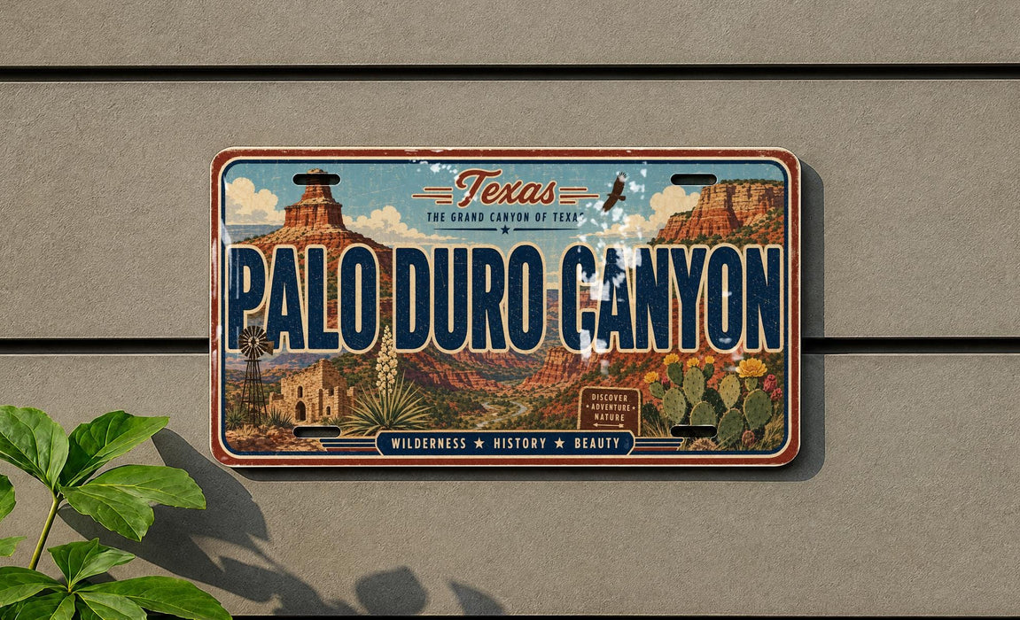 A vintage license plate from Texas, featuring the name "Palo Duro Canyon" and the state's motto "The Grand Canyon of Texas".