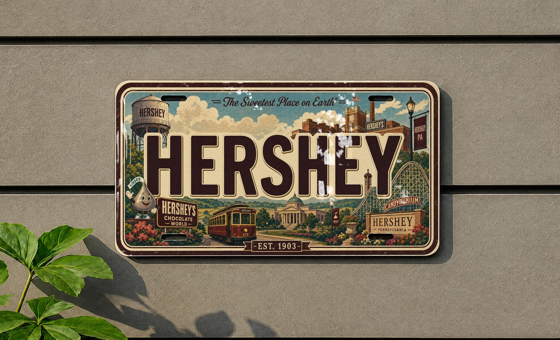 A vintage-style license plate with the word "HERSHEY" prominently displayed, featuring various landmarks and attractions associated with the Hershey chocolate company.