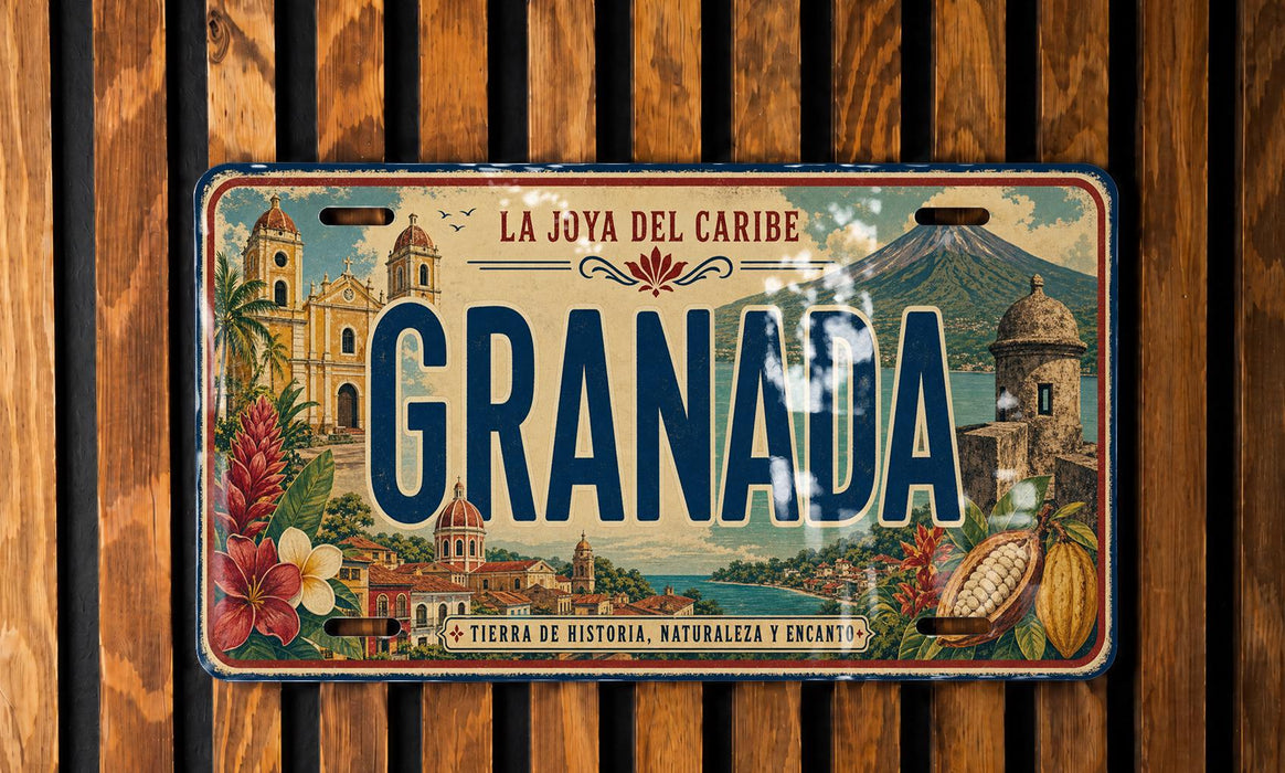 A vintage license plate from Granada, featuring an illustration of the city's landmarks and natural scenery.