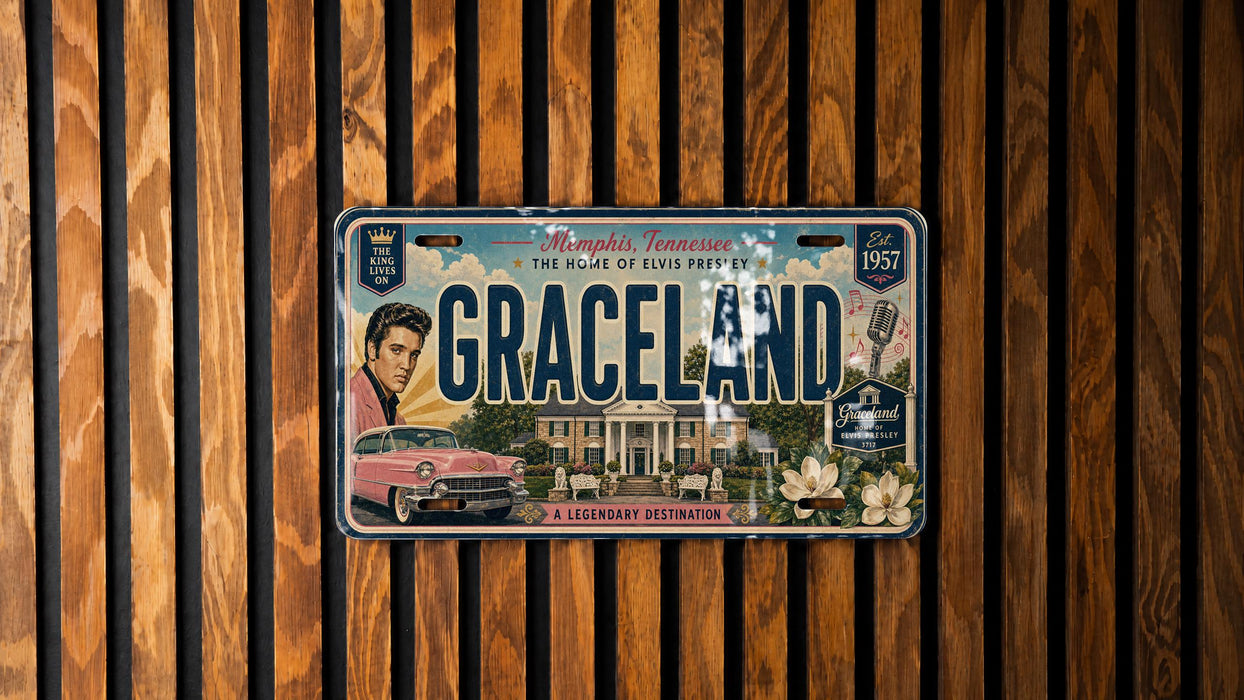 A vintage license plate from Tennessee, featuring an illustration of a classic car and the text "Graceland" along with the year "1957" and the phrase "The Home of Elvis Presley".