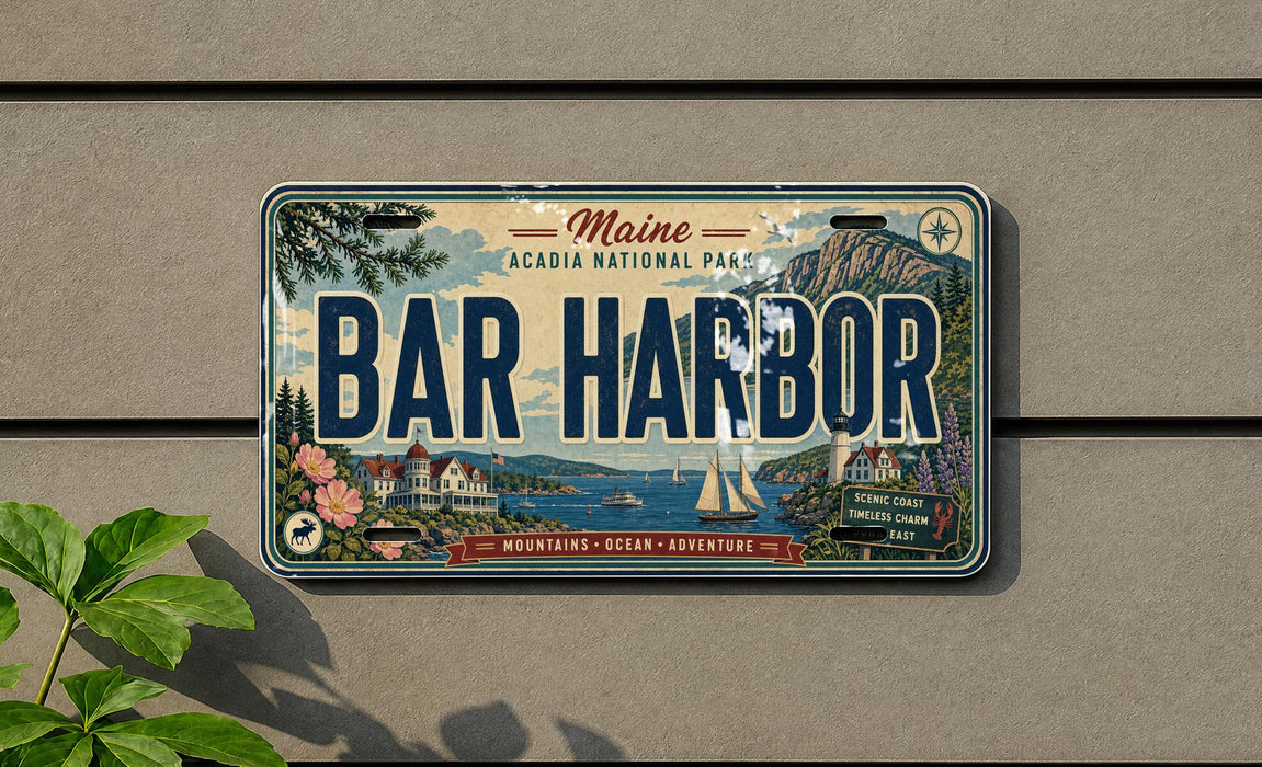 A license plate from Maine, with the text "Bar Harbor" prominently displayed.
