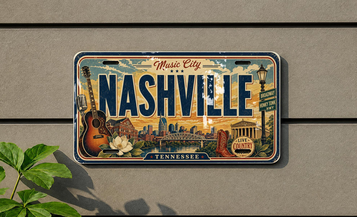 A vintage-style license plate from Tennessee, featuring the text "Music City" and "Nashville" along with various landmarks and icons associated with the state.