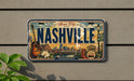 A vintage-style license plate from Tennessee, featuring the text "Music City" and "Nashville" along with various landmarks and icons associated with the state.